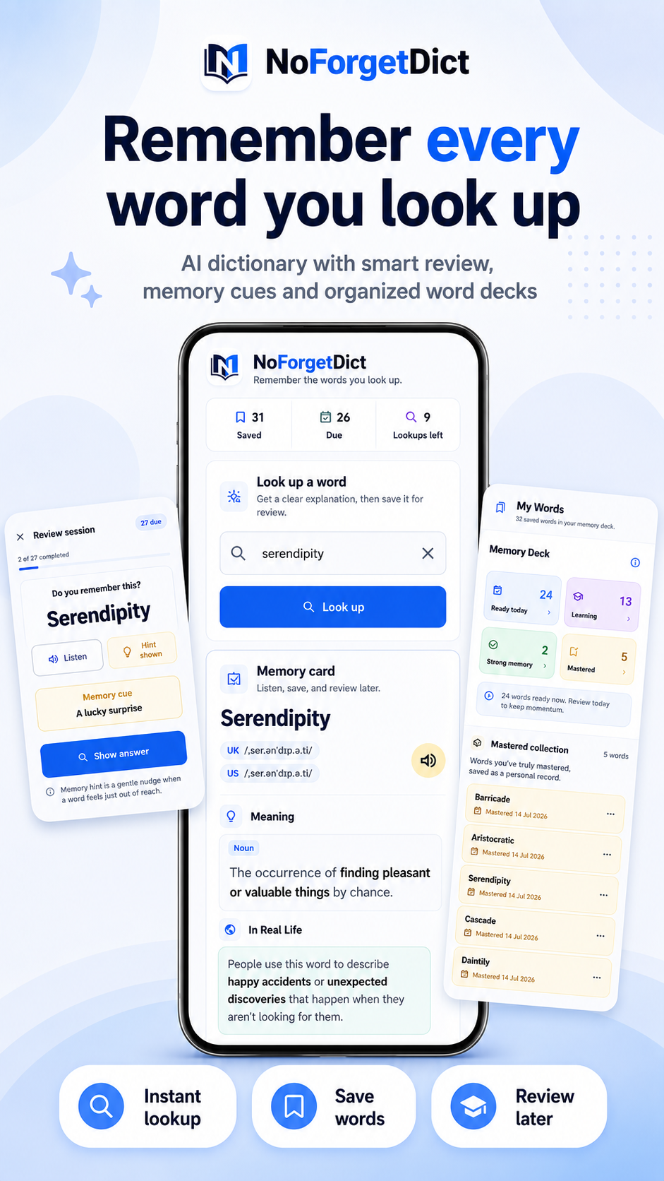 NoForgetDict app showing a lookup for the word serendipity